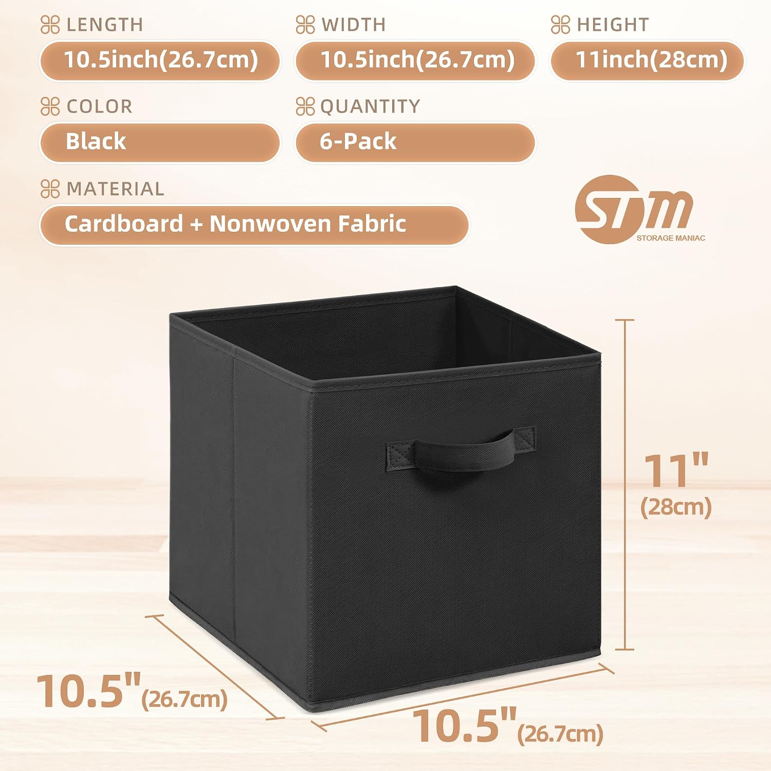 STORAGE MANIAC Storage Cubes. 11 Inch Durable 6 Pack Fabric Foldable Collapsible Bins with Handles for Organization. Closet. Shelves. Offices. Toys. Black - Image 4