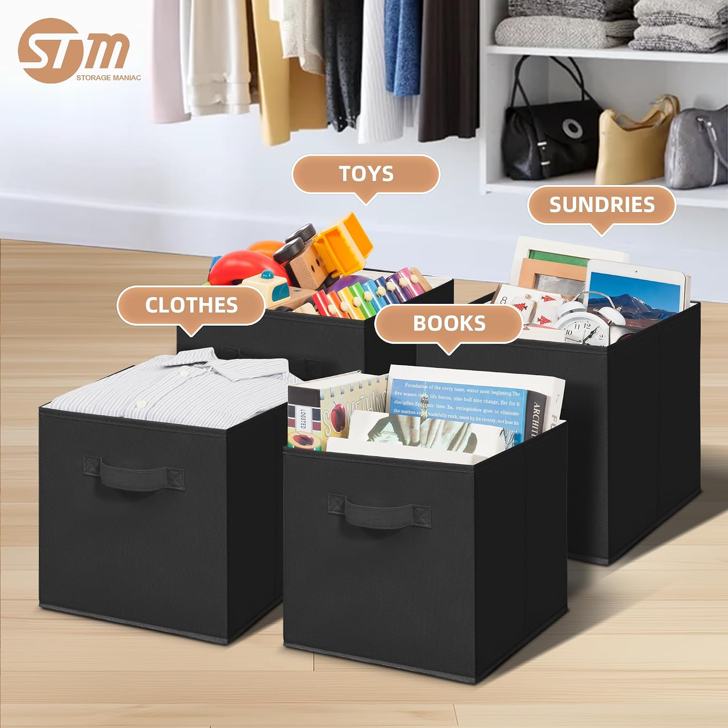 STORAGE MANIAC Storage Cubes. 11 Inch Durable 6 Pack Fabric Foldable Collapsible Bins with Handles for Organization. Closet. Shelves. Offices. Toys. Black - Image 2