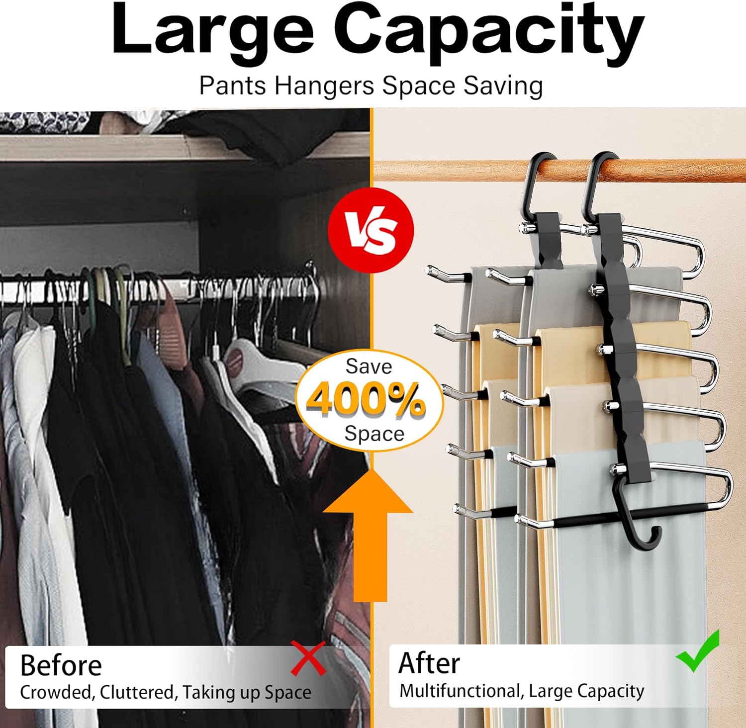 Pants Hangers Space Saving - 2 Pack Closet Organizer and Storage Jean Hangers. Stainless Steel Anti-Slip Clothes Hanger Scarf Holder for Pants Jeans Leggings Trousers Pant Rack. Black - Image 2