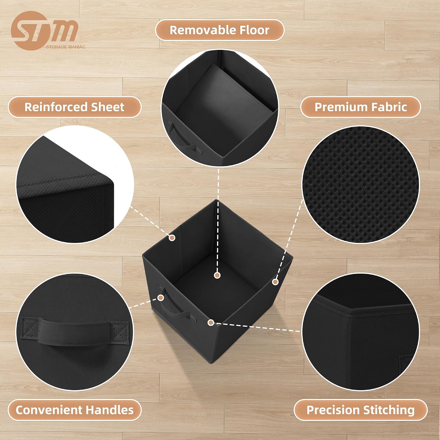STORAGE MANIAC Storage Cubes. 11 Inch Durable 6 Pack Fabric Foldable Collapsible Bins with Handles for Organization. Closet. Shelves. Offices. Toys. Black - Image 3