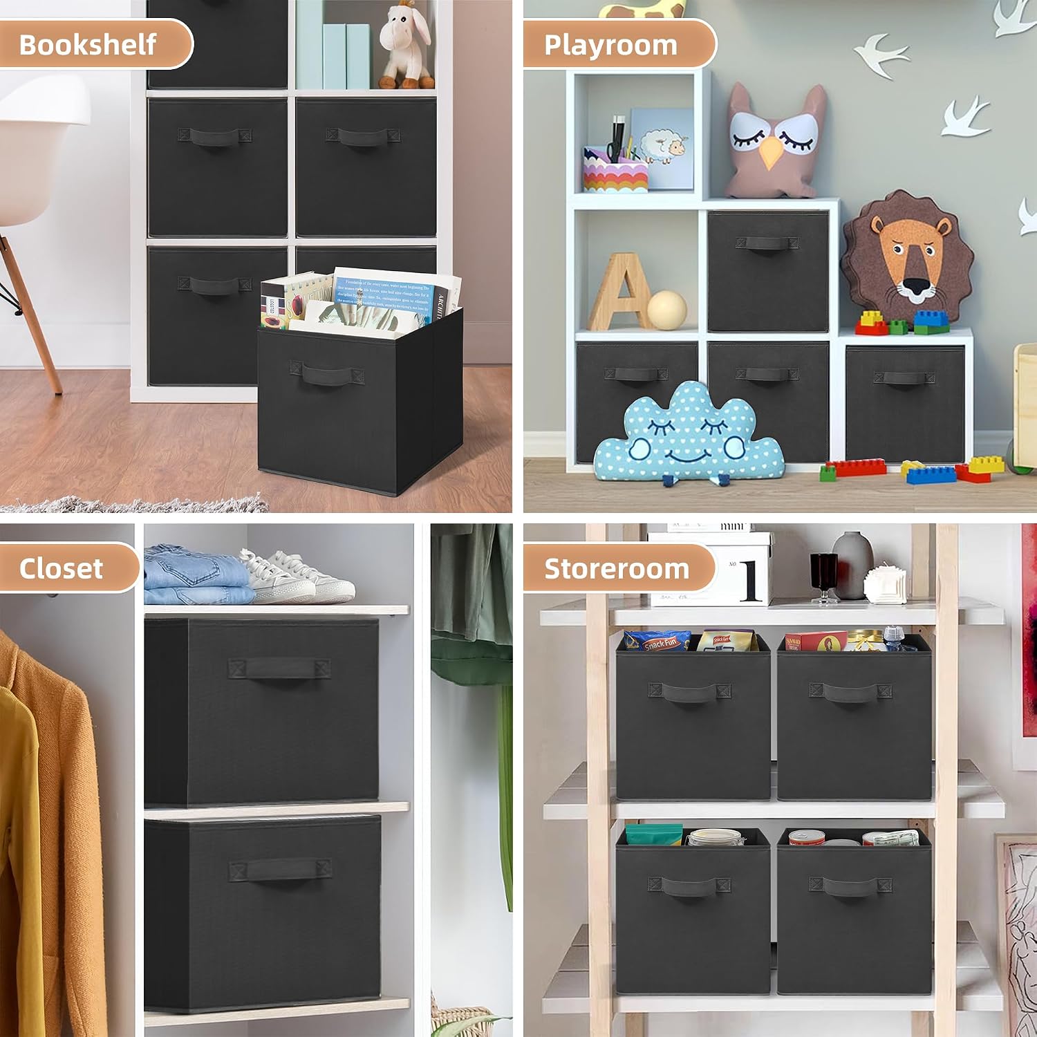 STORAGE MANIAC Storage Cubes. 11 Inch Durable 6 Pack Fabric Foldable Collapsible Bins with Handles for Organization. Closet. Shelves. Offices. Toys. Black - Image 7