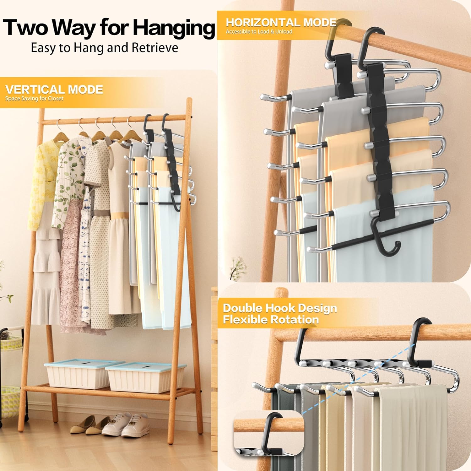 Pants Hangers Space Saving - 2 Pack Closet Organizer and Storage Jean Hangers. Stainless Steel Anti-Slip Clothes Hanger Scarf Holder for Pants Jeans Leggings Trousers Pant Rack. Black - Image 3